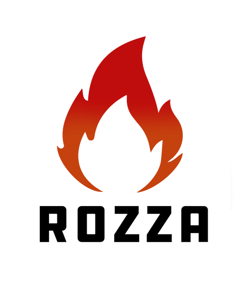 Logo with flame design and 'ROZZA' text on a white background
