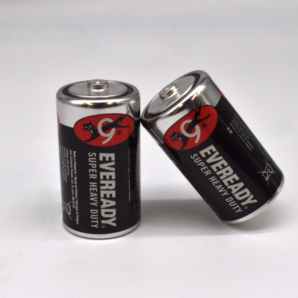 Two Eveready Super Heavy Duty batteries on a white background