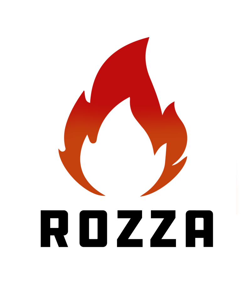Logo with flame design and 'ROZZA' text on a white background